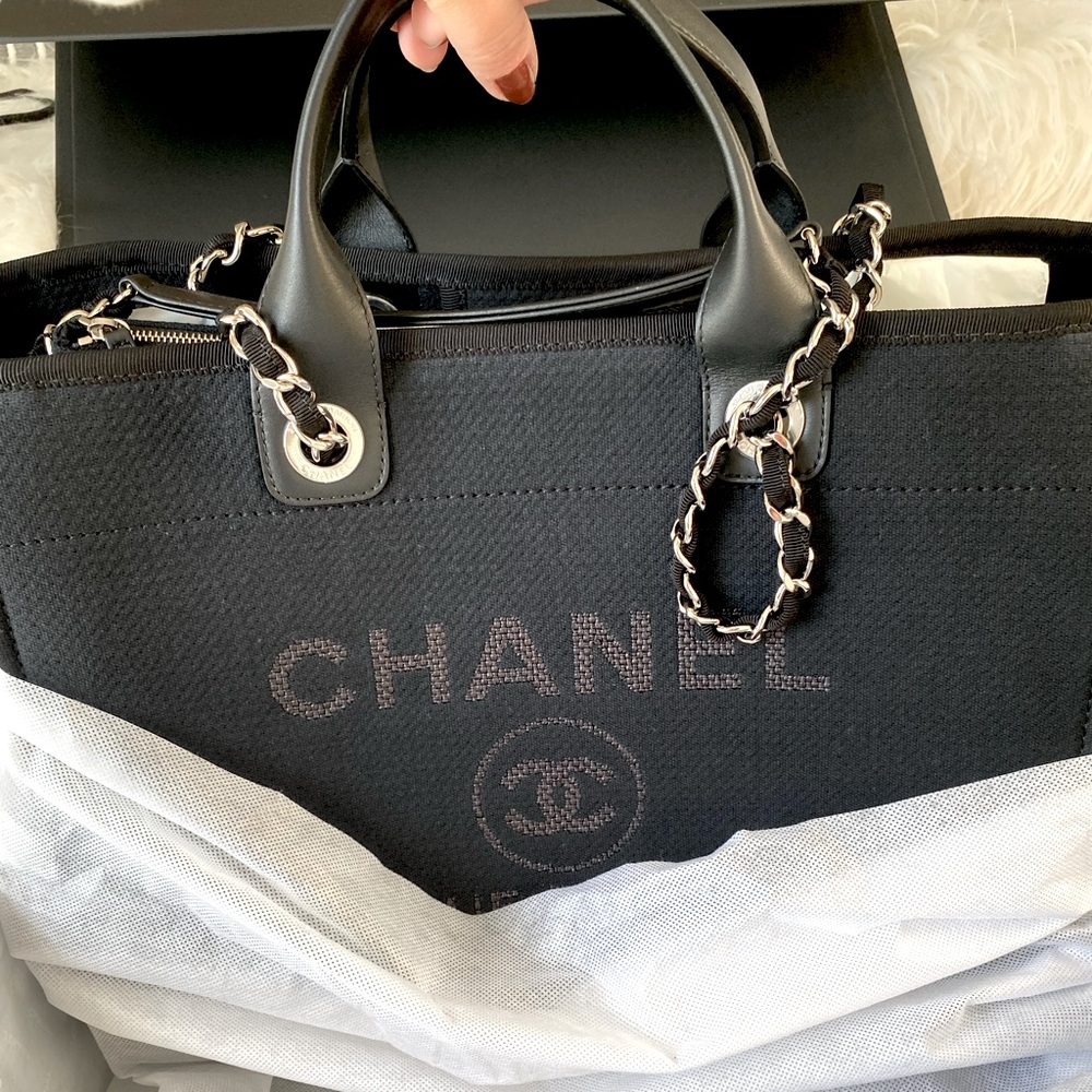 FULL SET - CHANEL Deauville Large Shopping Bag (Black Canvas w/ Silver Hardware) - Picture 4 of 17